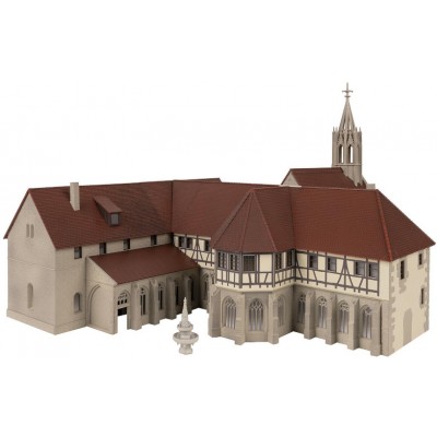 Alte Abtei mit Kreuzgang im gotischen Stil, patiniertes Modell, 405x345x260 mm, Bausatz