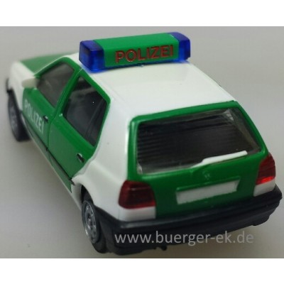 VW Golf CL POLIZEI, grün/weiß mit RTK 6 Blaulichtbalken, Rückseite vom Blaulichtbalken mit rotem Schriftzug POLIZEI