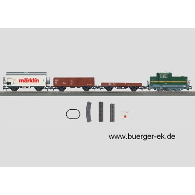 Startpackung Il mio avvio con Märklin Un approccio facilitato, Diesellok dunkelgrün mit 3 Güterwagen, Trafo, C-Gleis Oval,