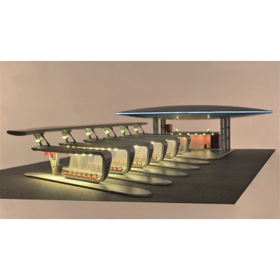 Moderner Busbahnhof Halle mit Hauptgebäude, Haltestationen, zwei Teilsegeln inkl. LED Beleuchtung, Funktionsbausatz
