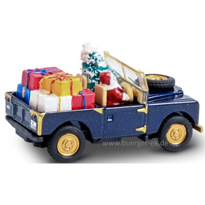 Land Rover 88, Weihnachten MHI 2020, Weihnachtsmann als Fahrer - beladen mit Geschenken und Weihnachtsbaum