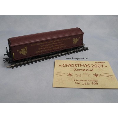 Christmas 2001 (Weihnachtswagen Schweiz 2001), wechselseitig: Naturholzeinlage bzw. Bedruckung Frohe Weihnachten?, in spezieller Verpackung,