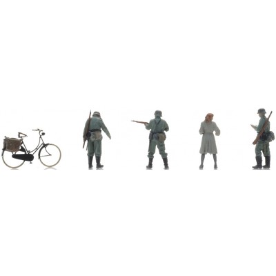 Wehrmacht, Checkpoint, mit Frau auf dem Fahrrad, 4 Figuren und Fahrrad, Spur N