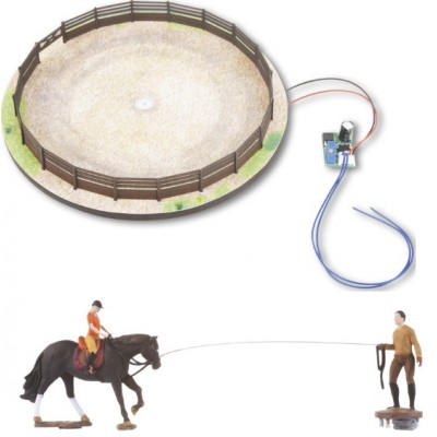 Reitplatz micro-motion mit Pferde-Boxen, 1 Pferd mit Reiterin, 1 Reitlehrer, Sound-Modul mit Lautsprecher mit Pferde-Wiehern und Hufschlag, etc.